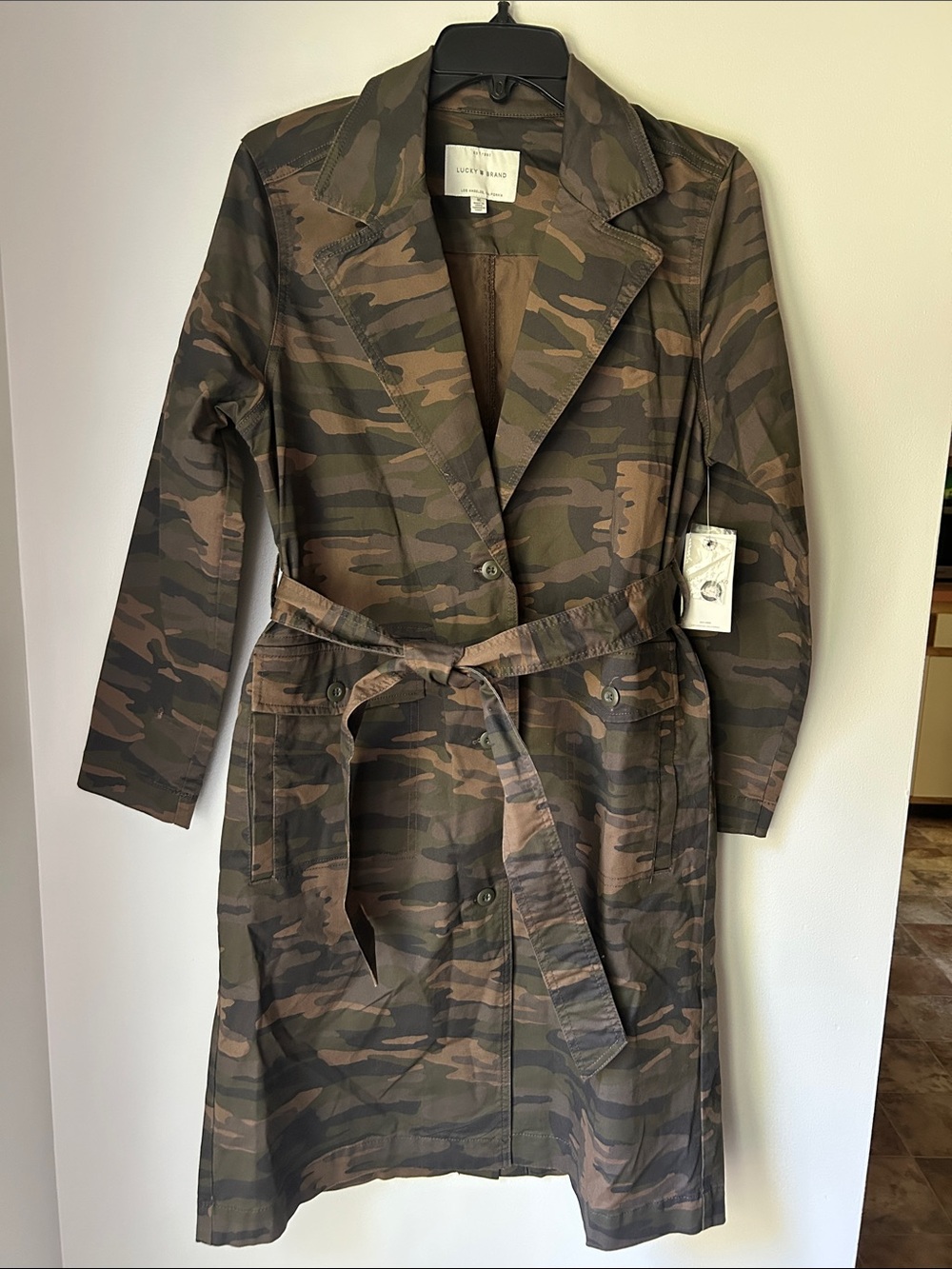 NWT Lucky Brand Camo Trench Coat in Olive Brown Size Medium